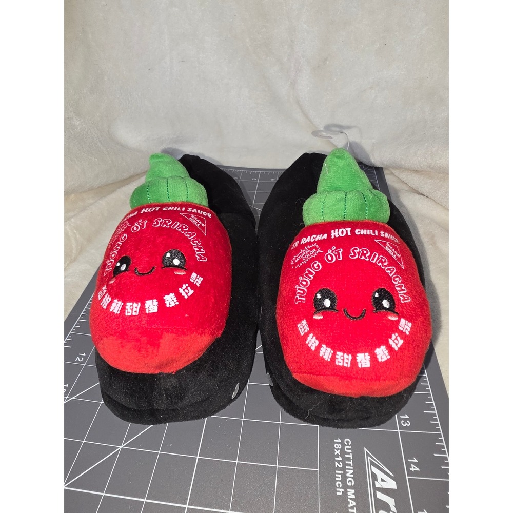 Sriracha Hot Chili Sauce Plush Slippers Black Red Rooster Sauce S/M